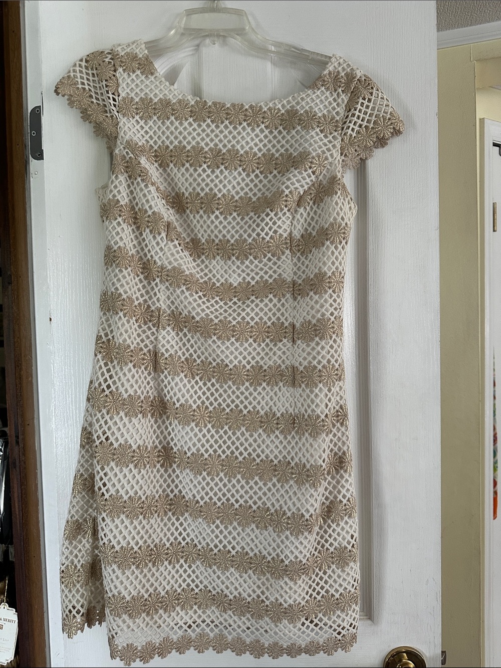 Lilly Pulitzer Lotty White Lace Sheath Dress with Gold Floral Accents